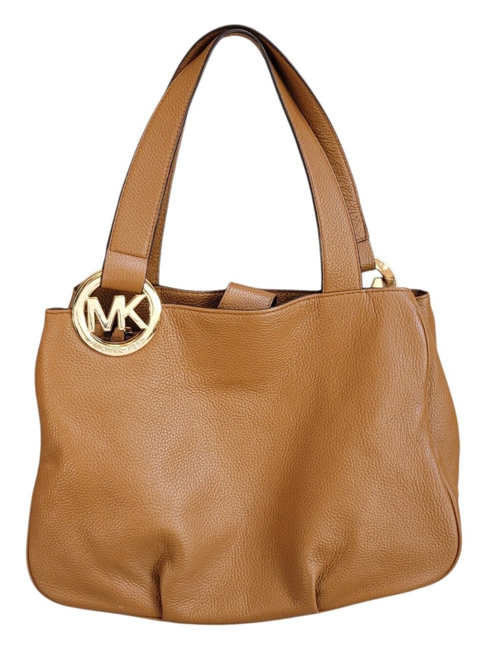 Michael Kors Tan Cognac Pebbled Leather Shoulder Tote Gold MK Charm